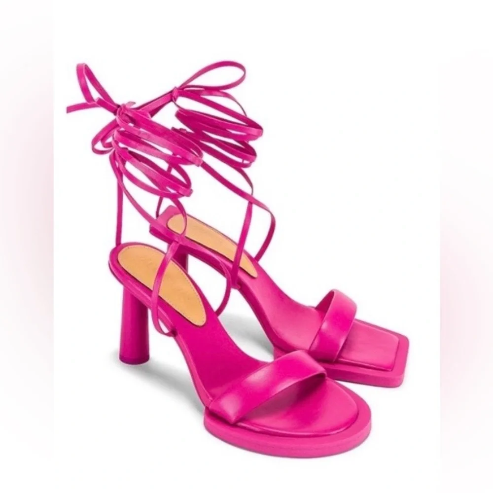 JACQUEMUS Les Carre Rond Asymmetric Lace-up Leather Sandals Pink Size 38 - Picture 6 of 6